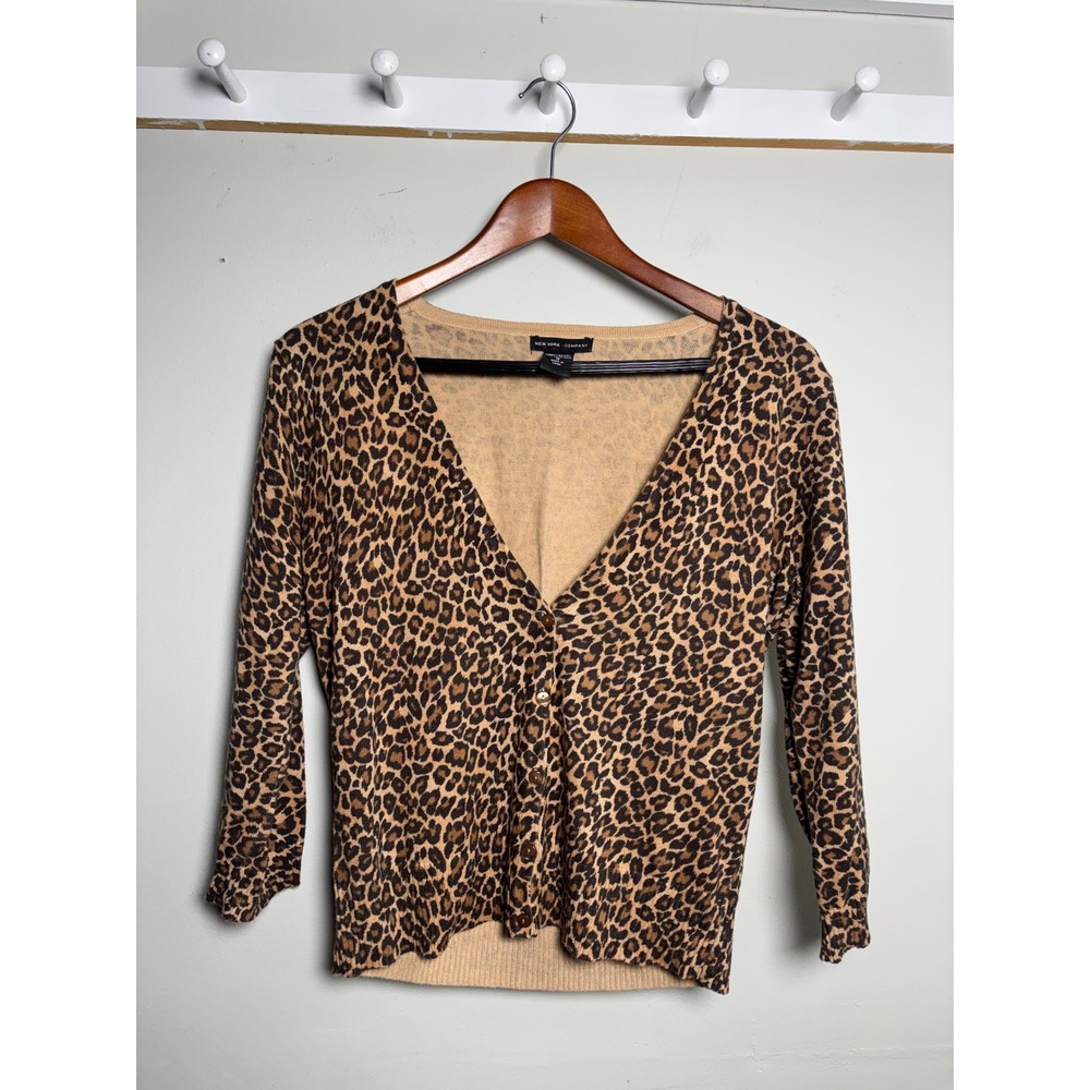 New York Company Leopard Print Cardigan Womens Small Brown Tan